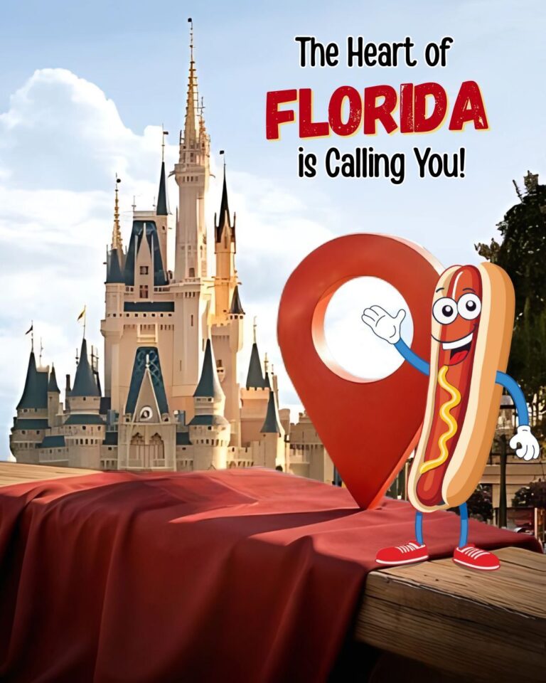 Cartoon hot dog mascot standing in front of a fantasy castle with a red location pin and the words "The Heart of Florida is Calling You"