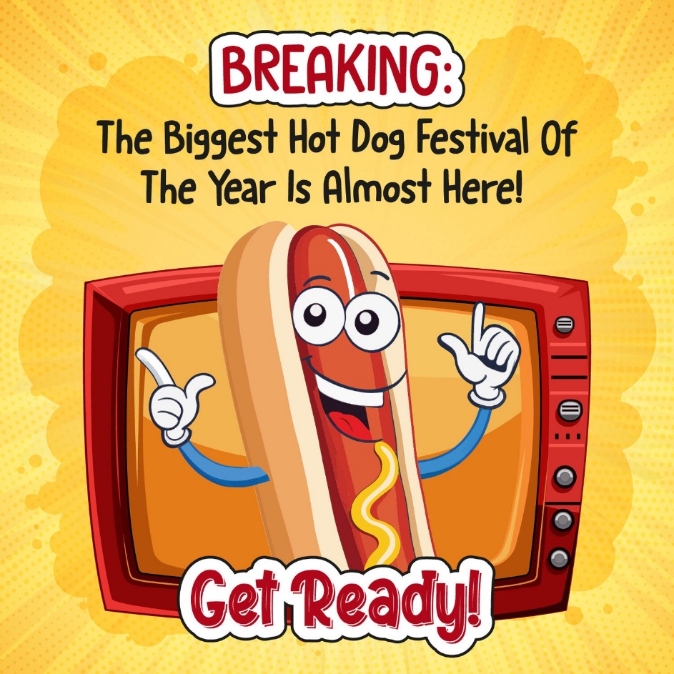 Cartoon hot dog character popping out of a vintage television with a headline announcing the upcoming hot dog festival