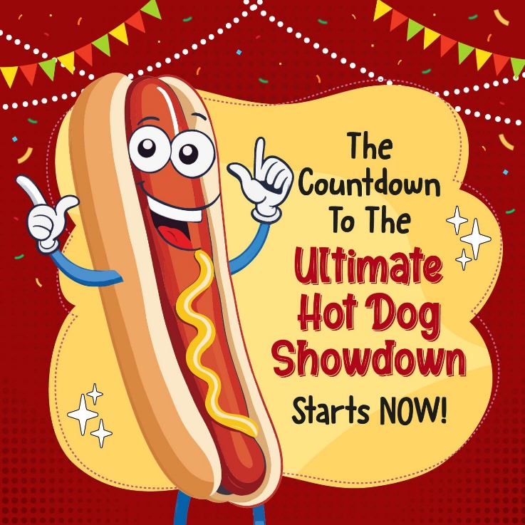 Excited cartoon hot dog announcing the start of the countdown to the ultimate hot dog showdown