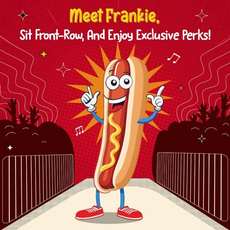 Cartoon hot dog character named Frankie on a red carpet, with cheering crowds and musical notes in the background