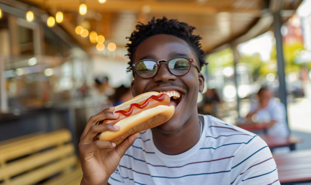 a young man enjoying his hotdog