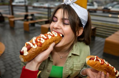 a woman enjoying a hotdog