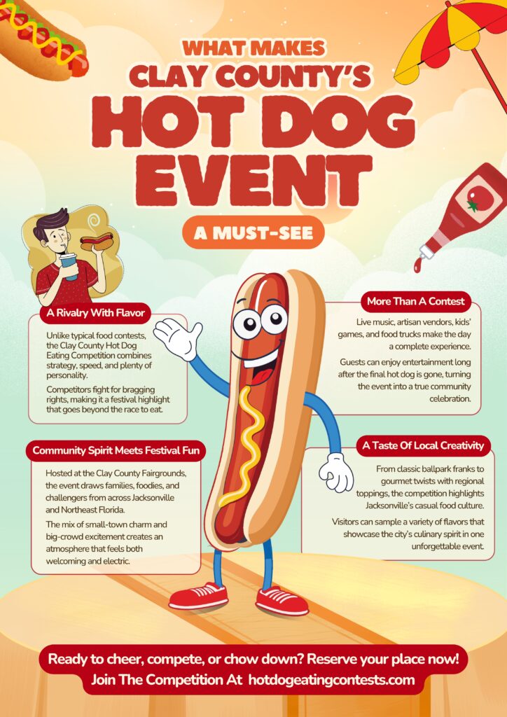 Infographic about Clay County's Hot Dog Event, featuring competition details and festival highlights.