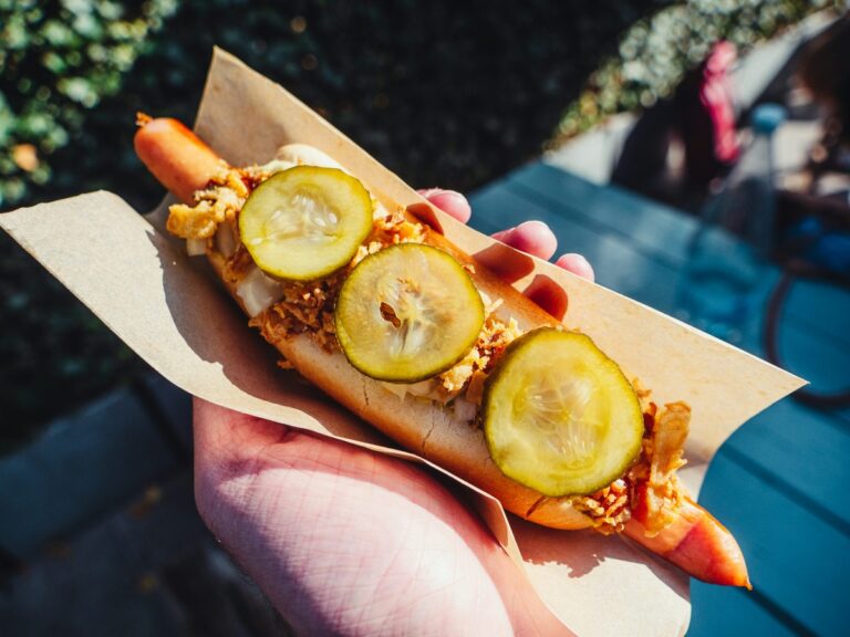 A gourmet hot dog topped with pickles and onions held at a Florida outdoor event