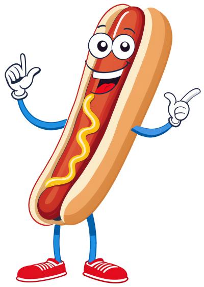 A cartoon hot dog mascot smiles with both hands pointing up in celebration
